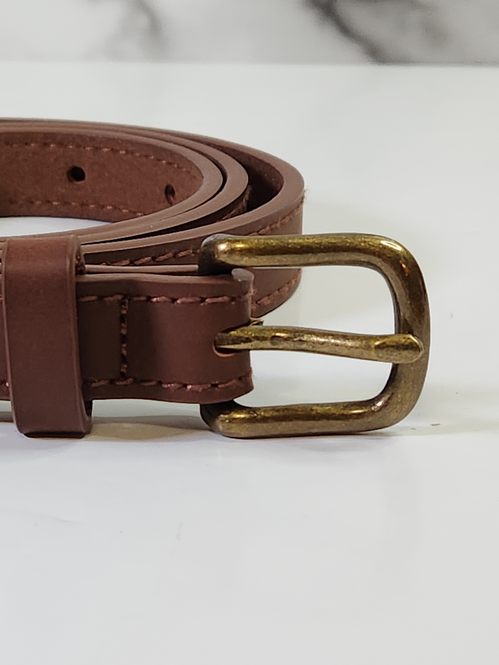 Brandy Melville Brown Leather Belt with Brass-Tone Buckle